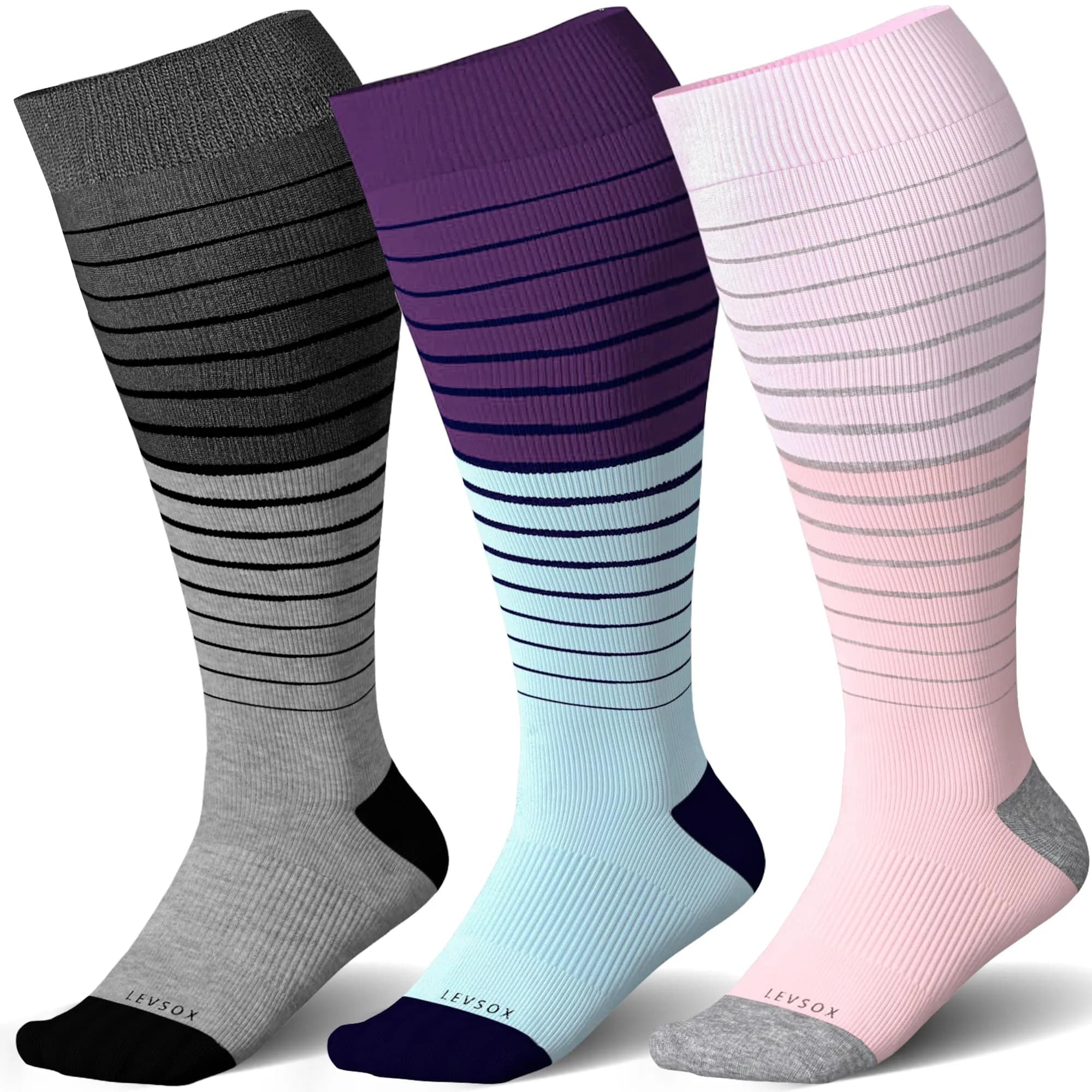 LEVSOX Wide Calf Compression Socks for Women Plus Size | 15-20mmHg Support for Pregnancy & Travel