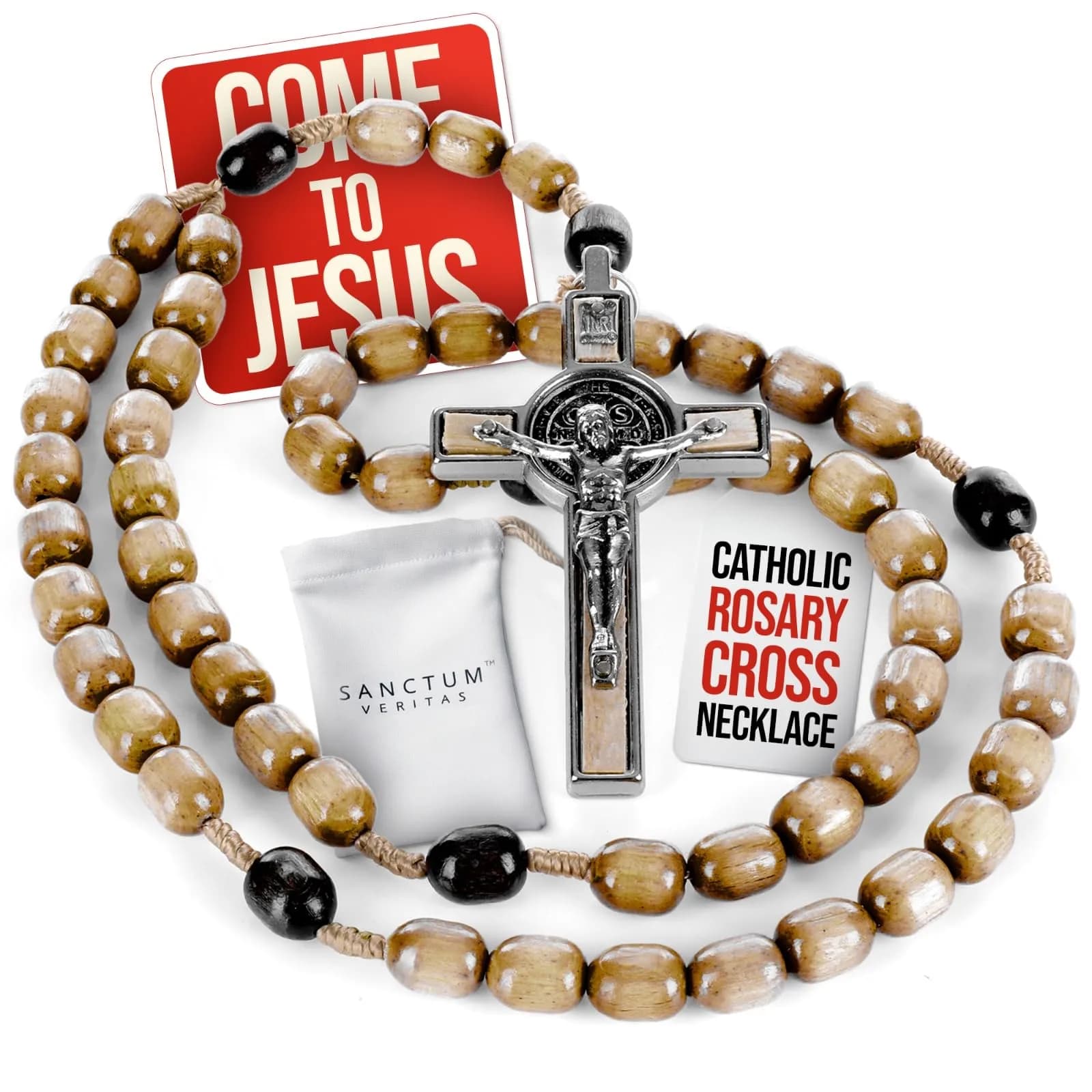 SANCTUM VERITAS Olive Wood Catholic Rosary Necklace | Large Italian Prayer Beads Gift 21.5 cm - main product image