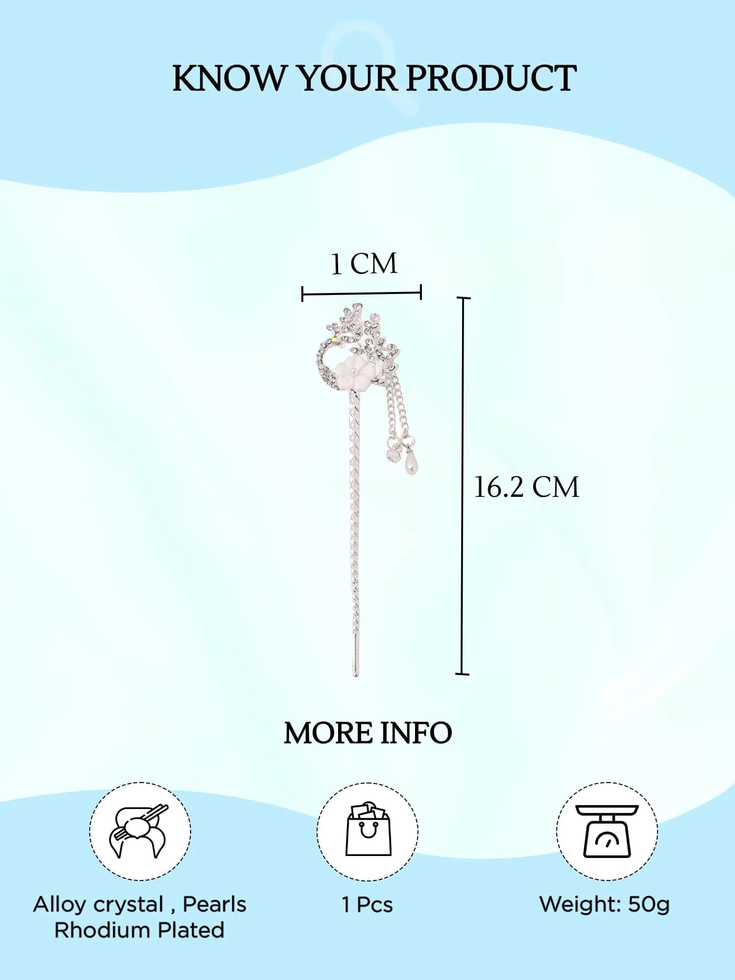 Yellow Chimes Floral Hair Stick for Bun, 16.2 cm (6.38 in) | Pearl & Crystal Embellished Juda Pin - view 5
