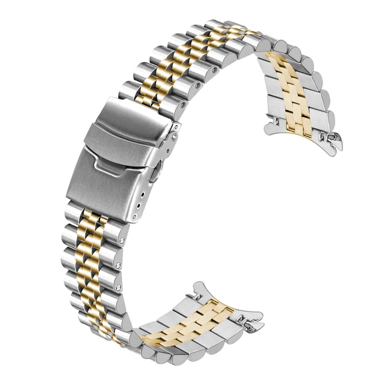 Juntan 22mm Stainless Steel Watch Band Curved Ends Tapered Metal Replacement Bracelet with Deployment Clasp — Silver-Gold
