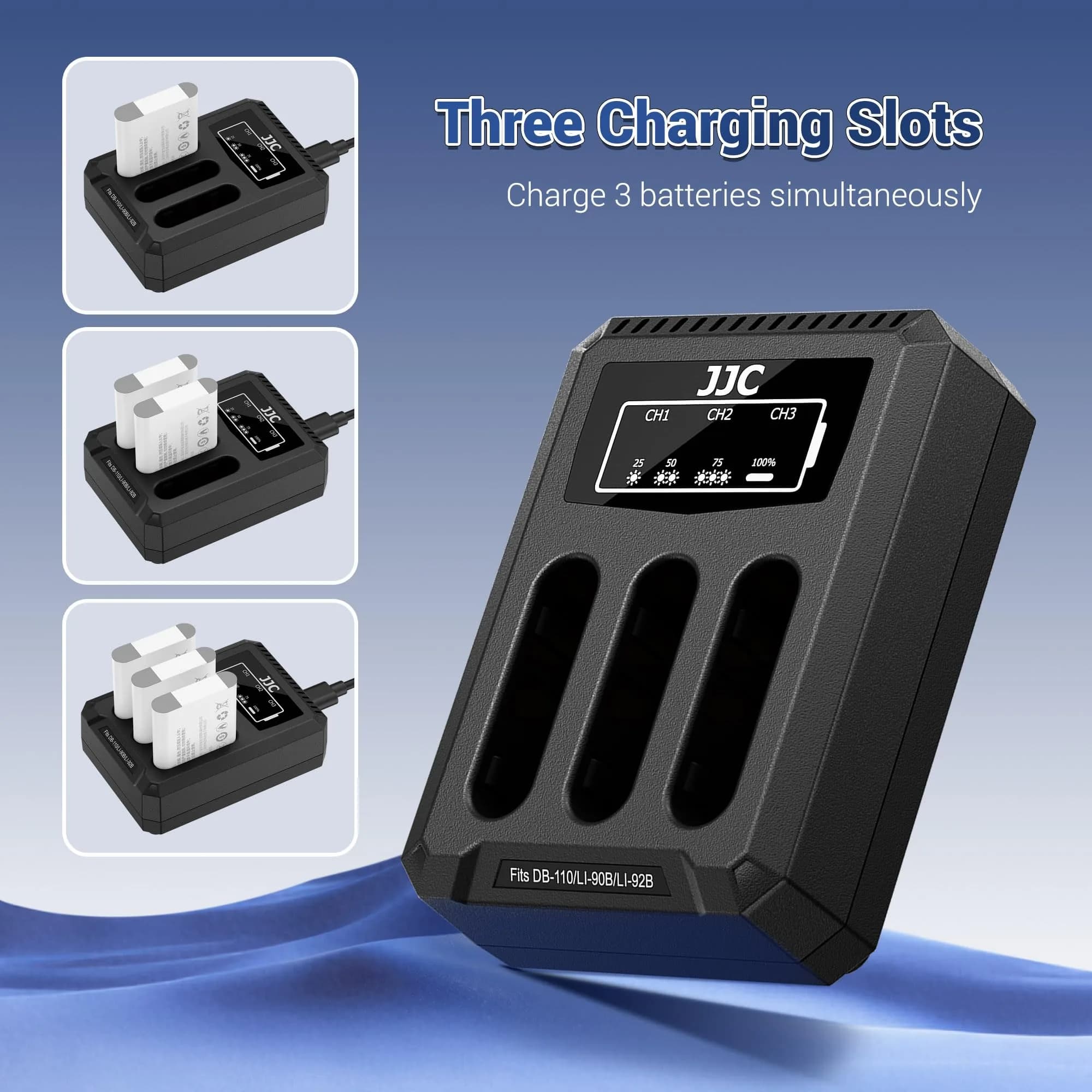 JJC DB-110 LI-92B Battery Charger | Triple Slot USB Charger for Ricoh GR IIIx, Olympus TG-7, 2-Pack - view 2