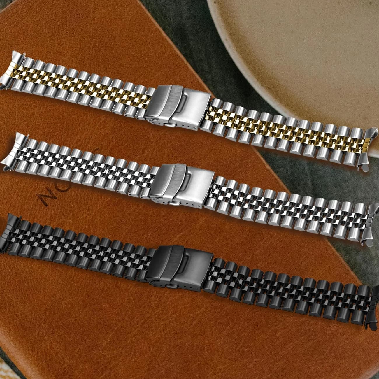 Juntan Stainless Steel Watch Band 20mm Silver-Gold | Curved Ends Tapered Strap, Double Flip Lock Clasp thumbnail 4