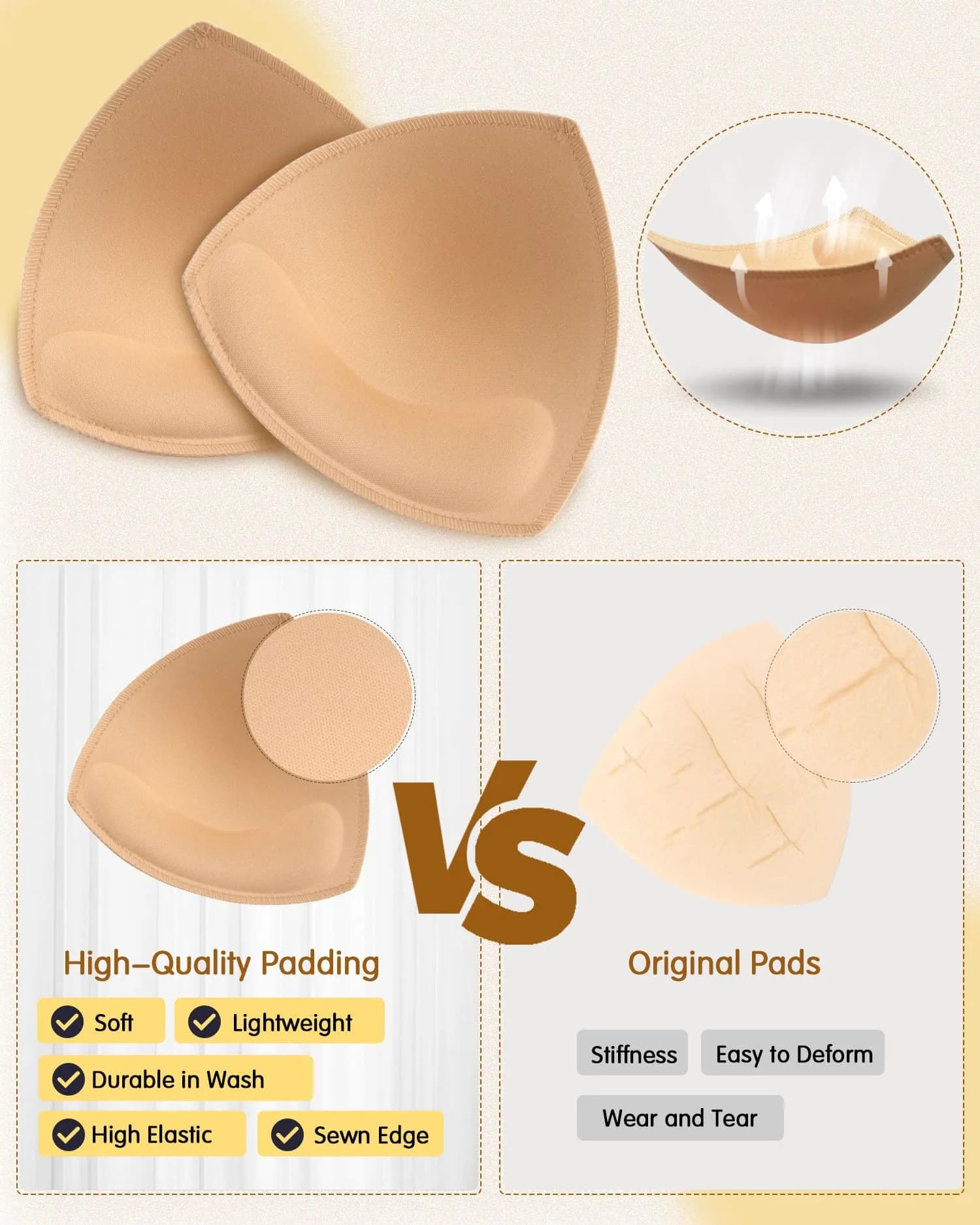 KSang Black Bra Pads Inserts D Cup Size - 4 Pairs Sewn Edges - view 4