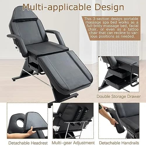 Brisca Massage Salon Tattoo Chair with Two Trays | Adjustable Full-Body Spa Bed & Esthetician Chair thumbnail 6