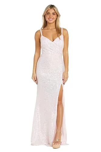 NIGHTWAY Women's Juniors Sequined Gown with Mock Wrap Bodice & Slit, Pink Rainbow | Glamorous Prom & Evening Dress thumbnail 1