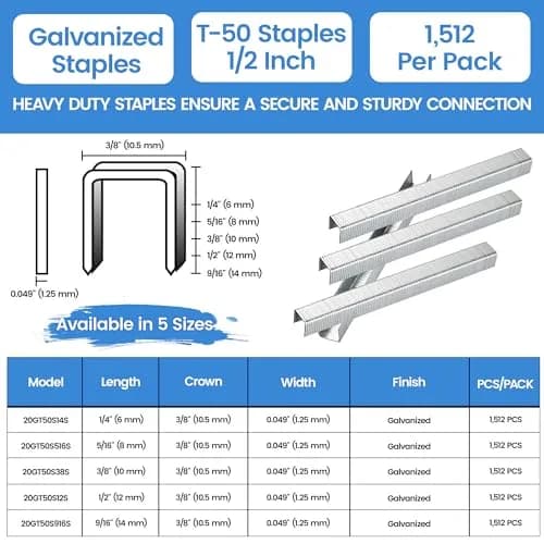 meite T50 Staples 1/2 Inch Heavy Duty Galvanized Staples for Staple Gun | Rust-Resistant, 20 Gauge, 1,512 Counts thumbnail 2