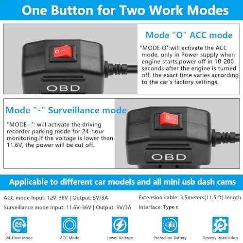 CERRXIAN OBD Power Cable for Dash Camera 13-40V to Type C | 3.5M/11.5FT, Low Voltage Protection thumbnail 2