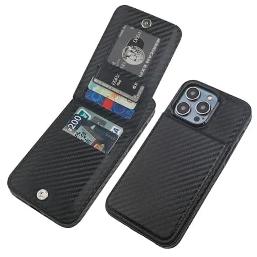KIHUWEY for iPhone 14 Pro Max Wallet Case Card Holder, Carbon Black | Heavy Duty Leather Cover with Card Slots & Kickstand thumbnail 1