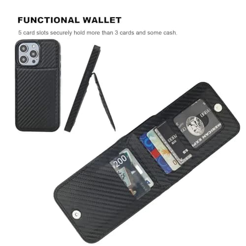 KIHUWEY for iPhone 14 Pro Max Wallet Case Card Holder, Carbon Black | Heavy Duty Leather Cover with Card Slots & Kickstand thumbnail 4