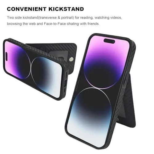 KIHUWEY for iPhone 14 Pro Max Wallet Case Card Holder, Carbon Black | Heavy Duty Leather Cover with Card Slots & Kickstand thumbnail 5