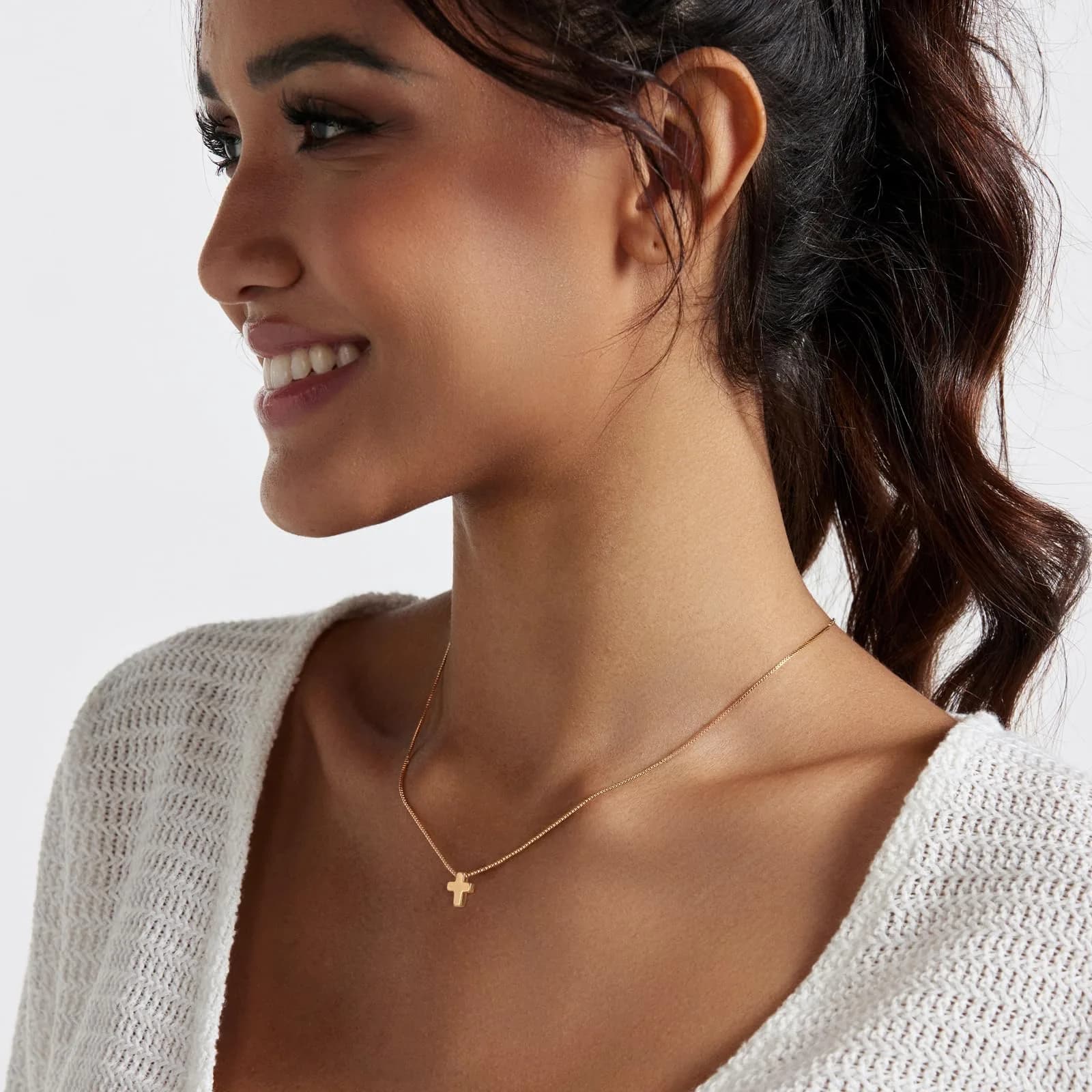 HERIER Gold Box Chain Cross Necklace 18K Gold Plated Faith Fashion Jewelry 41.9cm - view 3