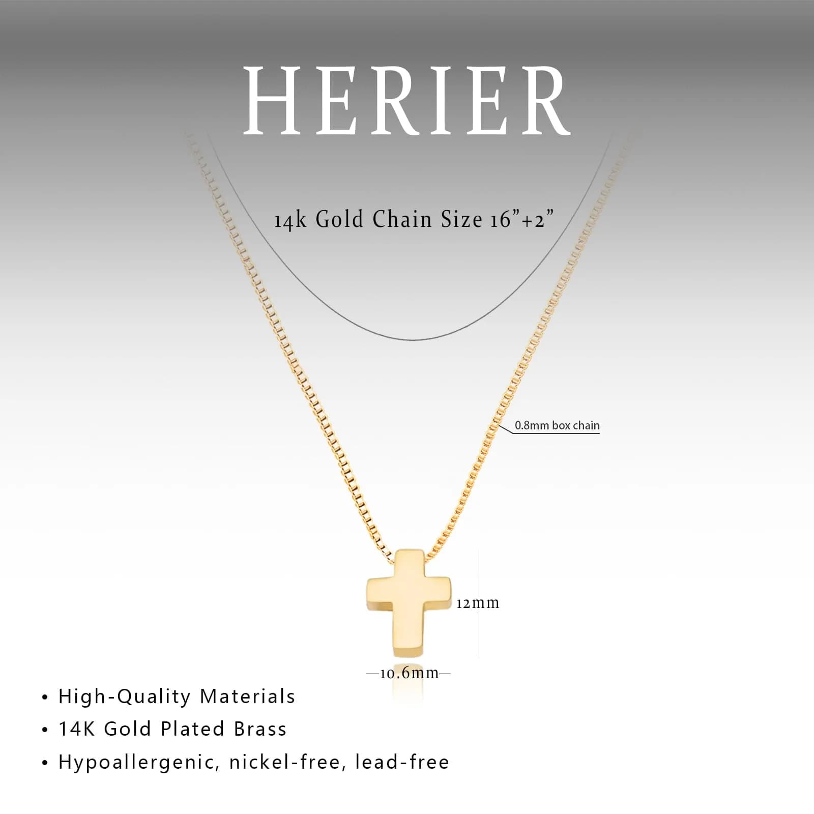 HERIER Gold Box Chain Cross Necklace 18K Gold Plated Faith Fashion Jewelry 41.9cm - view 4