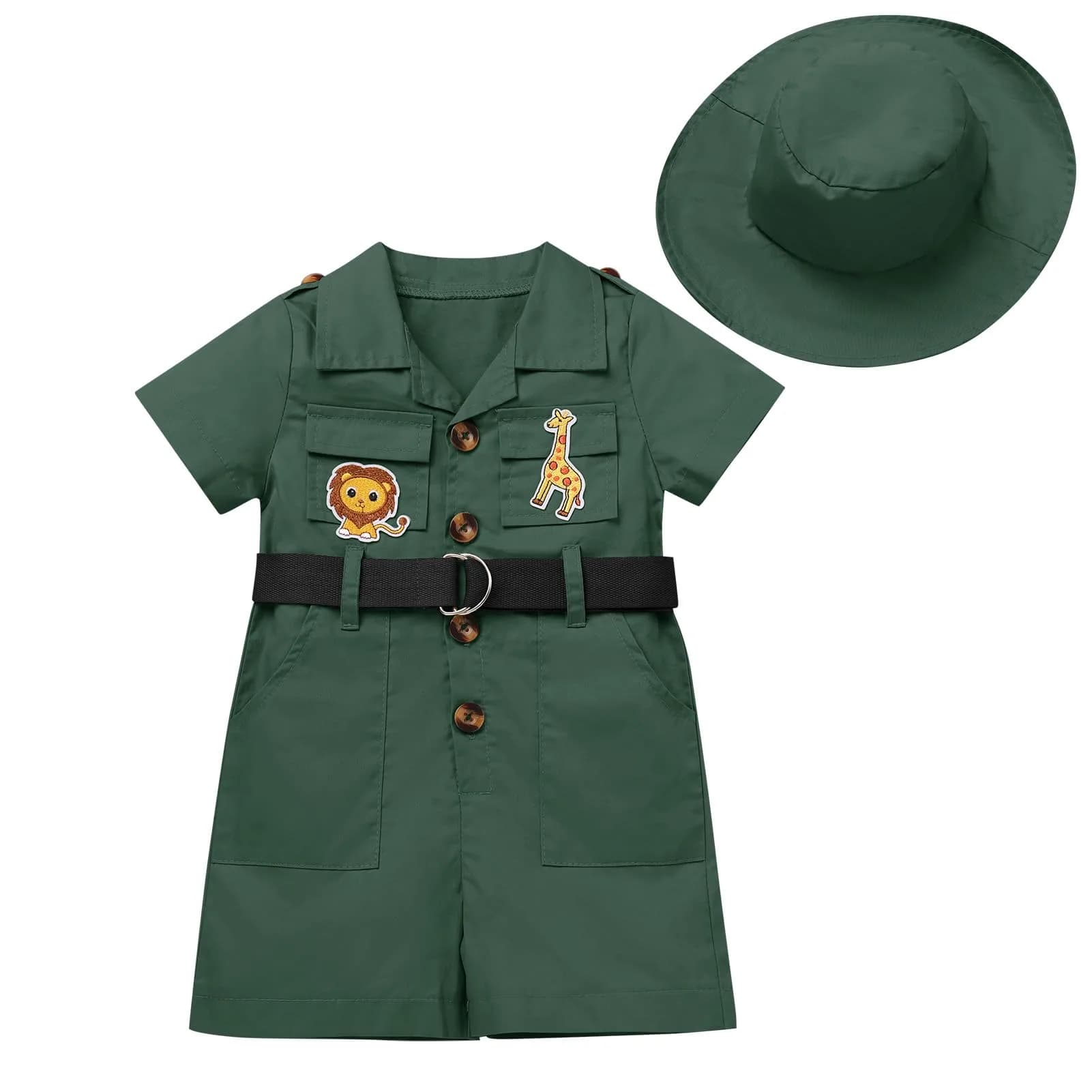 ODASDO Safari Outfit For Baby Girls Boys 1st Birthday Party Cake Smash Toddlers Zookeeper Suit Kids Jungle Forest Adventure Explorer Clothes Short Sleeve Jumpsuit Belt Bodysuit with Hat Green 12-18M