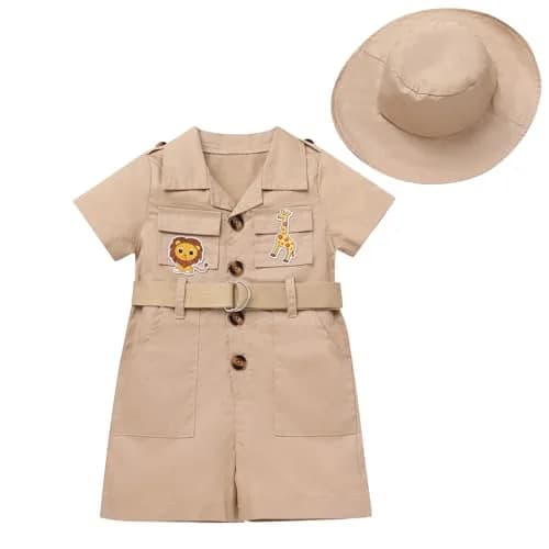 ODASDO Safari Outfit for Baby Girls & Boys 1st Birthday Cake Smash Jumpsuit with Hat & Belt, Khaki 6-12 Months (52cm Chest) thumbnail 1