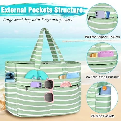 HUANLANG Extra Large Waterproof Beach Bag with Zipper Wet Pocket | 50L Capacity, Sandproof & Durable for Women Men thumbnail 6