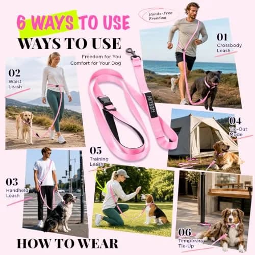 Heelay Hands Free Dog Leash 1.8-2.5m (5.9-8.2ft) Light Pink | Adjustable Crossbody Rope for Medium Large Dogs thumbnail 6