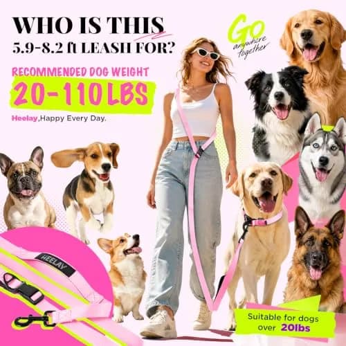 Heelay Hands Free Dog Leash 1.8-2.5m (5.9-8.2ft) Light Pink | Adjustable Crossbody Rope for Medium Large Dogs thumbnail 2