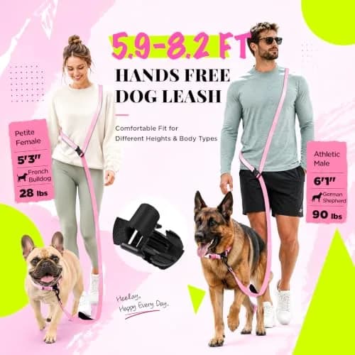 Heelay Hands Free Dog Leash 1.8-2.5m (5.9-8.2ft) Light Pink | Adjustable Crossbody Rope for Medium Large Dogs thumbnail 3
