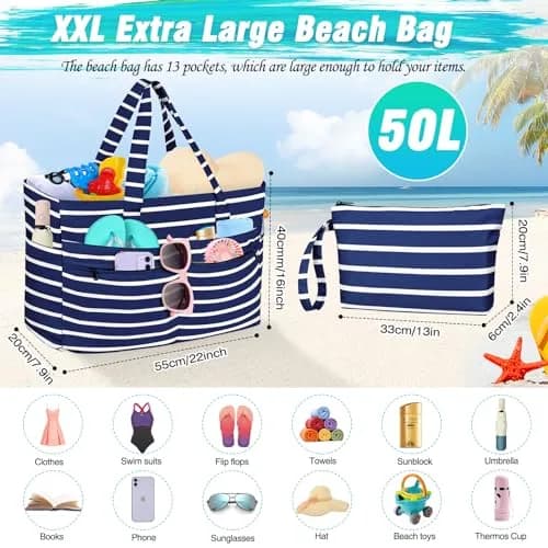 HUANLANG Extra Large Waterproof Beach Bag with Zipper Wet Pocket | 50L Capacity for Women & Men thumbnail 5