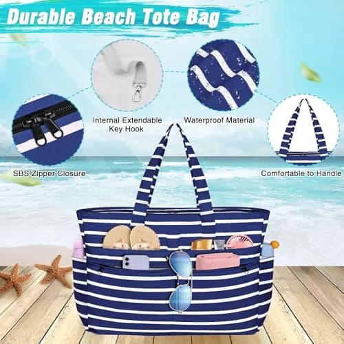 HUANLANG Extra Large Waterproof Beach Bag with Zipper Wet Pocket | 50L Capacity for Women & Men thumbnail 3