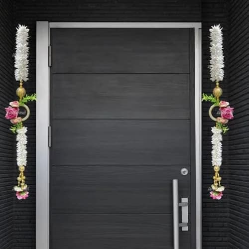 Divyakosh White Gajra Flowers with Pink Rose Side Hanging Garland 71cm (28 Inch) | Pack of 2 Strings for Temple & Door Decor thumbnail 1