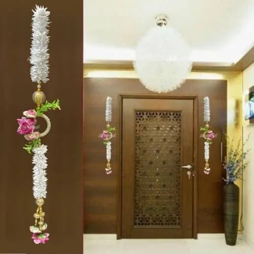 Divyakosh White Gajra Flowers with Pink Rose Side Hanging Garland 71cm (28 Inch) | Pack of 2 Strings for Temple & Door Decor thumbnail 2
