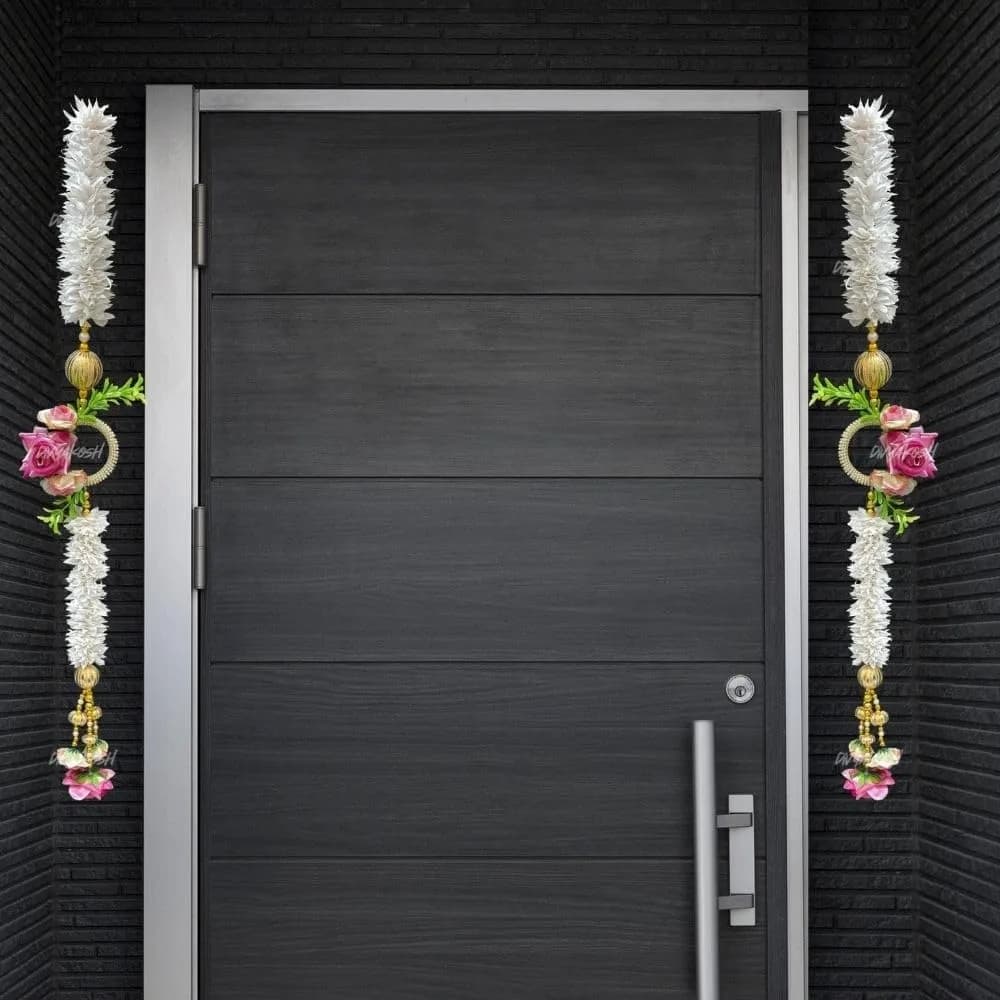 Divyakosh White Gajra Flowers with Pink Rose Side Hanging Garland 71cm (28 Inch) | Pack of 2 Strings for Temple & Door Decor - main product image