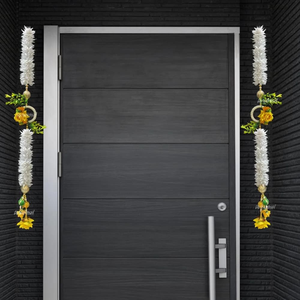 Divyakosh White Gajra & Yellow Rose Flower Strings Side Hanging 71 cm (28 Inch) Pack of 2 | Artificial Garland for Temple & Door Decor — Style 6