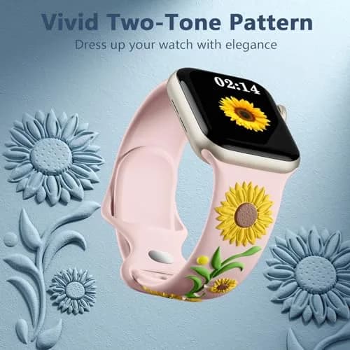 Wepro Floral Silicone Band for Apple Watch 38mm 40mm 41mm 42mm 44mm 45mm 46mm 49mm Women | Embossed Sunflower Design thumbnail 3