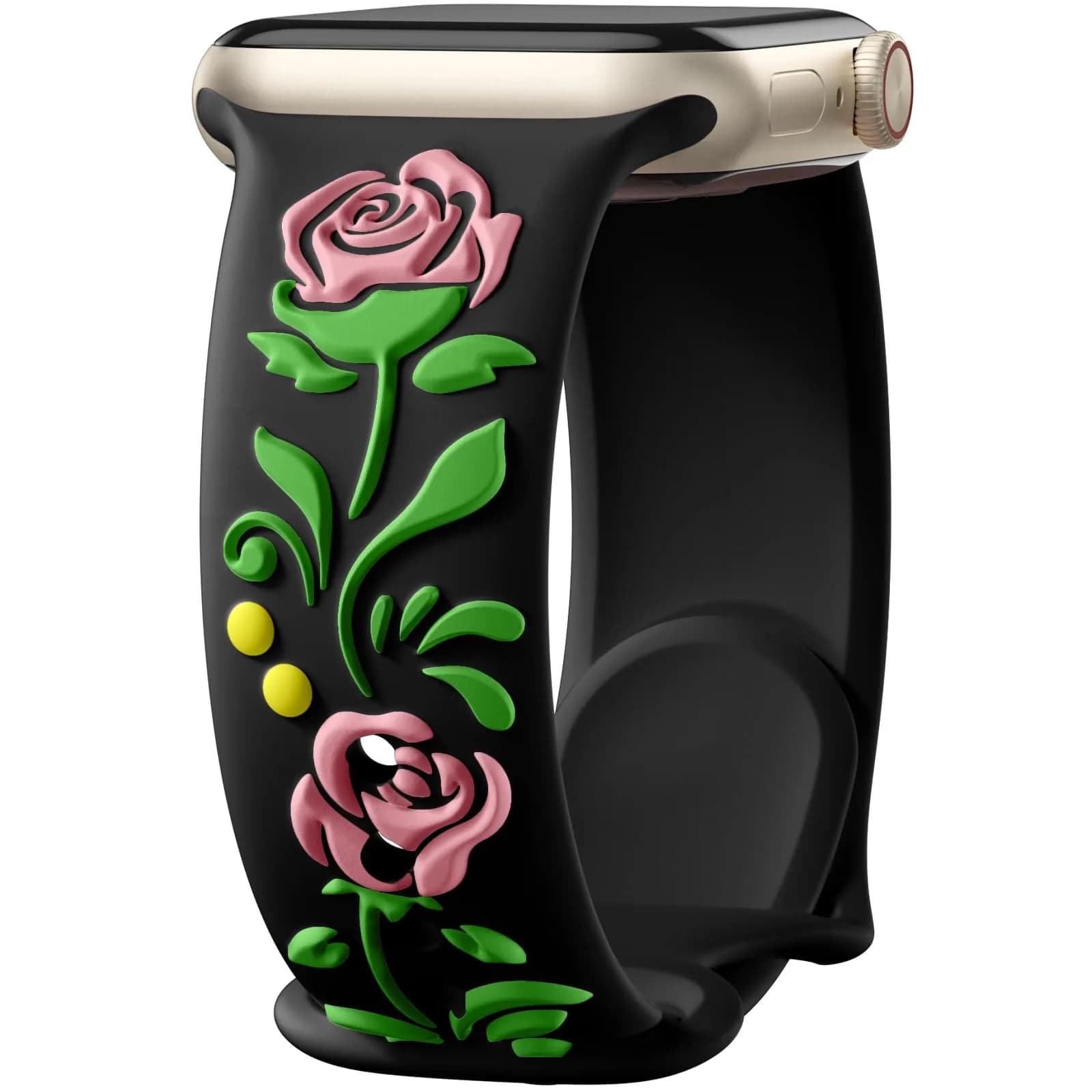 Wepro Floral Silicone Band for Apple Watch 38mm 40mm 41mm 42mm 44mm 45mm 46mm 49mm | Embossed Rose Pattern — Black/Pink Rose