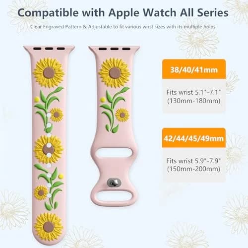 Wepro Floral Apple Watch Band for Women 42mm-49mm | Sunflower Embossed Silicone, Breathable & Dressy (70-120 chars) thumbnail 9