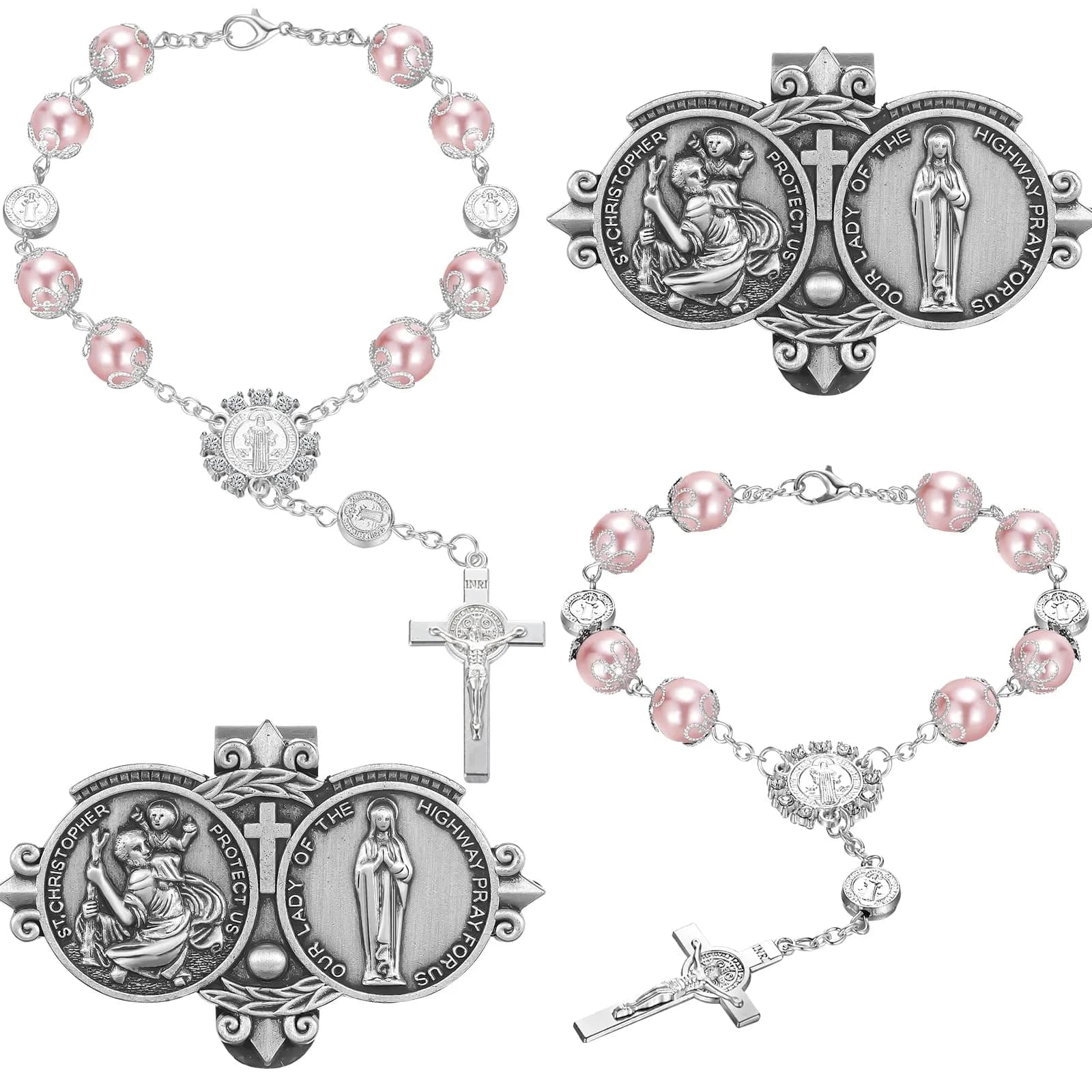 Frienda Pink 4 Pcs Car Rosary Saint Benedict Auto Rosary with St Christopher Visor Clip | Religious Safety Accessory