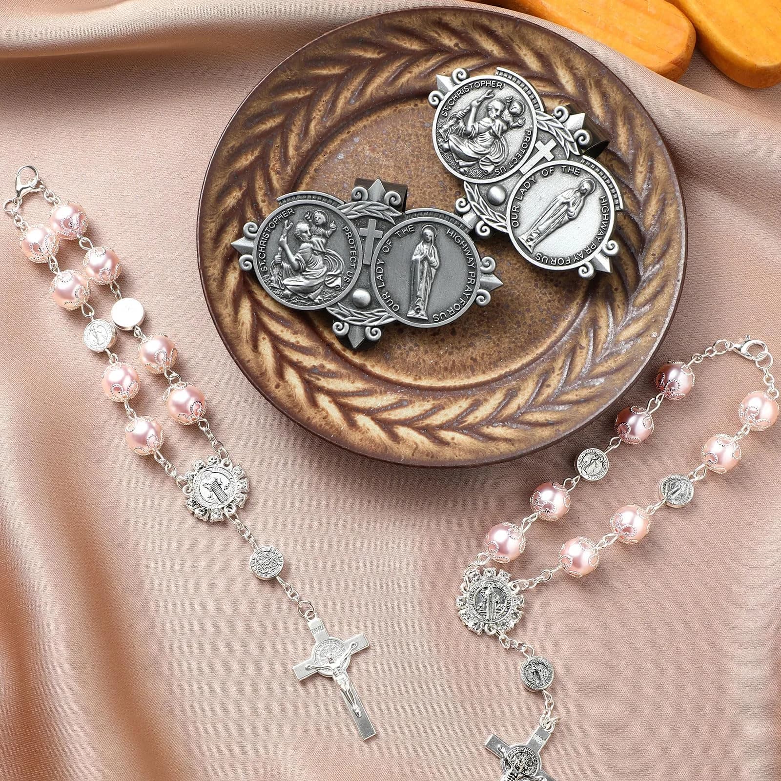 Frienda Pink 4 Pcs Car Rosary Saint Benedict Auto Rosary with St Christopher Visor Clip | Religious Safety Accessory - view 6