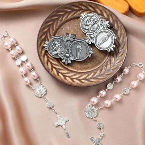 Frienda Pink 4 Pcs Car Rosary Saint Benedict Auto Rosary with St Christopher Visor Clip | Religious Safety Accessory thumbnail 6
