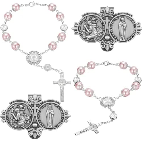 Frienda Pink 4 Pcs Car Rosary Saint Benedict Auto Rosary with St Christopher Visor Clip | Religious Safety Accessory thumbnail 1