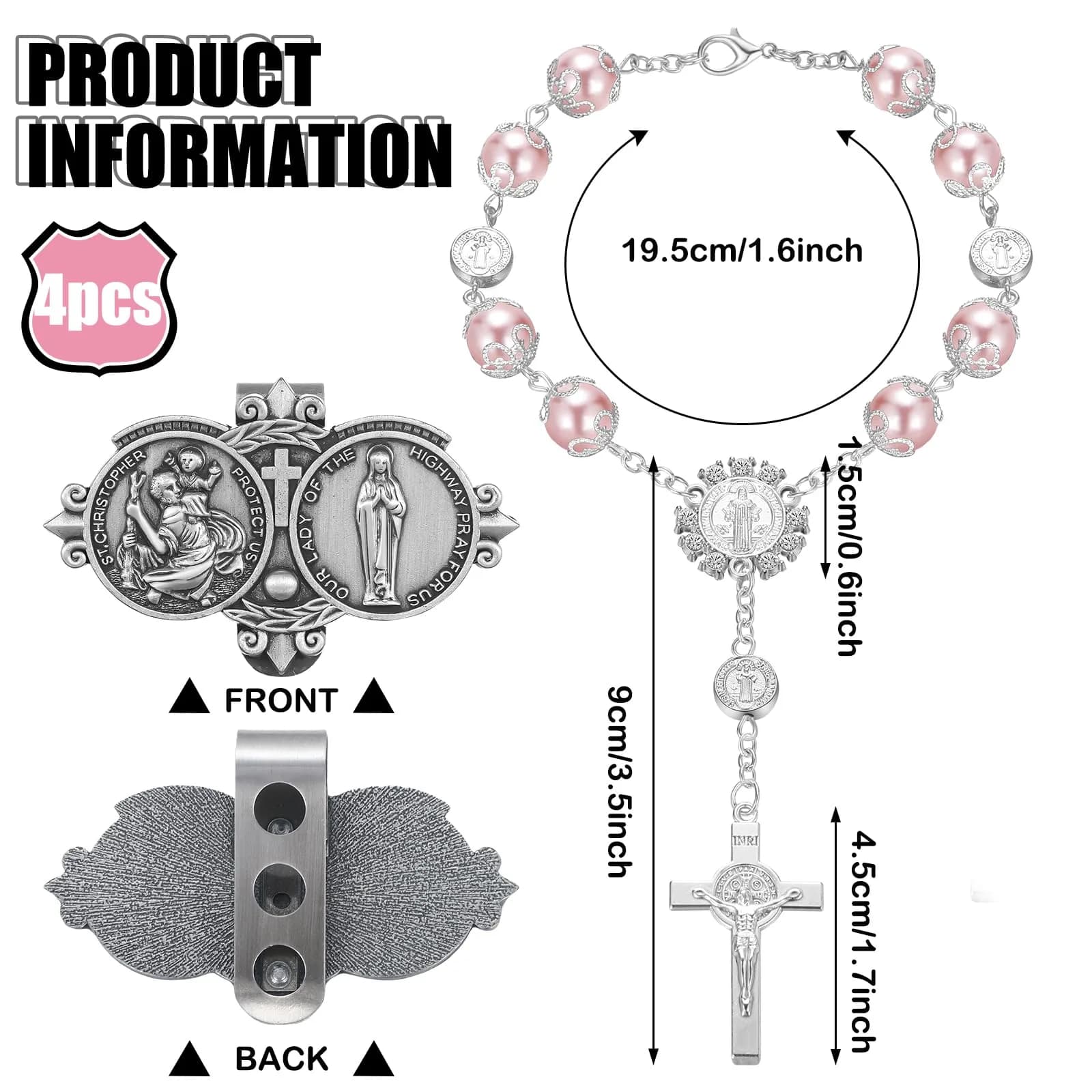 Frienda Pink 4 Pcs Car Rosary Saint Benedict Auto Rosary with St Christopher Visor Clip | Religious Safety Accessory - view 2
