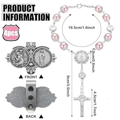 Frienda Pink 4 Pcs Car Rosary Saint Benedict Auto Rosary with St Christopher Visor Clip | Religious Safety Accessory thumbnail 2