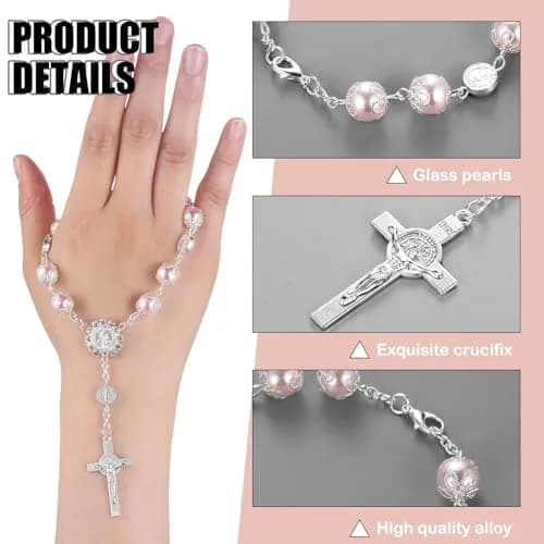 Frienda Pink 4 Pcs Car Rosary Saint Benedict Auto Rosary with St Christopher Visor Clip | Religious Safety Accessory thumbnail 3
