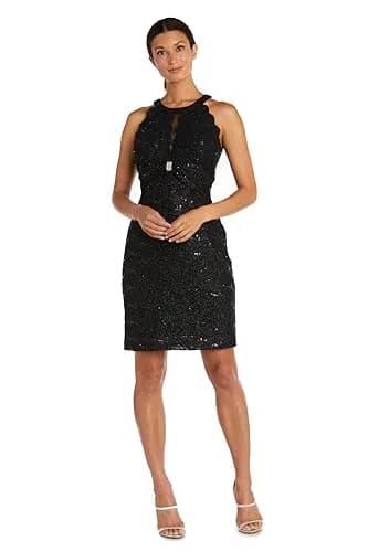 NIGHTWAY Women's Sequin Lace Cleo Neck Mini Dress W/Scalloped Bodice, Rhinestone Knot Trim Black | Elegant Party & Evening Wear (70-120c) thumbnail 1