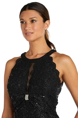 NIGHTWAY Women's Sequin Lace Cleo Neck Mini Dress W/Scalloped Bodice, Rhinestone Knot Trim Black | Elegant Party & Evening Wear (70-120c) thumbnail 2