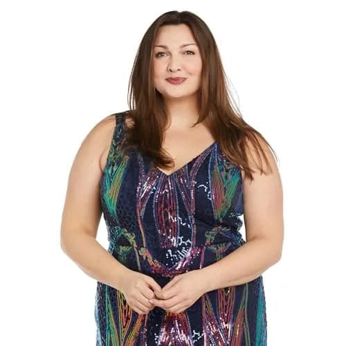 NIGHTWAY Long Sleeveless Sequined Gown with Leg Slit | Hollywood Glamour in Navy (70-120 chars) thumbnail 2
