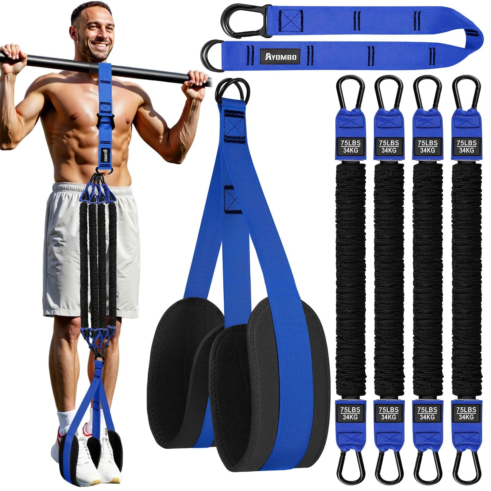 Ayombo Adjustable Pull Up Assistance Bands Set | 75lb-300lb Resistance, Natural Rubber Latex Tubes, 1.36kg (3lb) — Blue