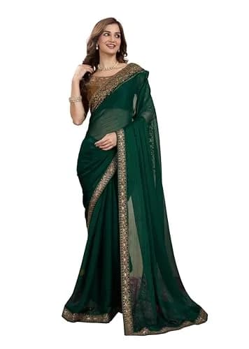 TRENDMALLS Women's Chiffon Satin Sequin Saree with Unstitched Blouse Piece - Green, 5.5m (18 ft) | Festive & Wedding Wear thumbnail 1