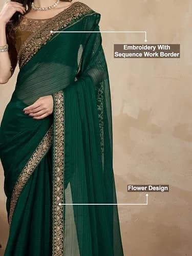 TRENDMALLS Women's Chiffon Satin Sequin Saree with Unstitched Blouse Piece - Green, 5.5m (18 ft) | Festive & Wedding Wear thumbnail 4