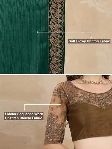 TRENDMALLS Women's Chiffon Satin Sequin Saree with Unstitched Blouse Piece - Green, 5.5m (18 ft) | Festive & Wedding Wear thumbnail 5