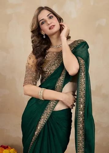TRENDMALLS Women's Chiffon Satin Sequin Saree with Unstitched Blouse Piece - Green, 5.5m (18 ft) | Festive & Wedding Wear thumbnail 6