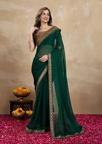 TRENDMALLS Women's Chiffon Satin Sequin Saree with Unstitched Blouse Piece - Green, 5.5m (18 ft) | Festive & Wedding Wear thumbnail 9