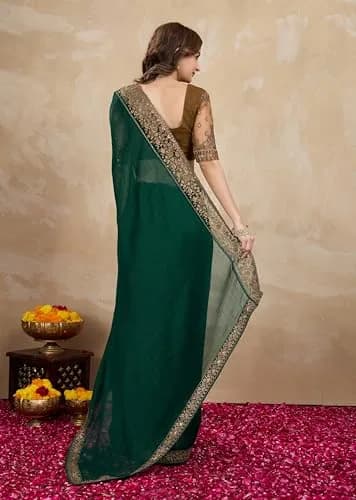 TRENDMALLS Women's Chiffon Satin Sequin Saree with Unstitched Blouse Piece - Green, 5.5m (18 ft) | Festive & Wedding Wear thumbnail 2