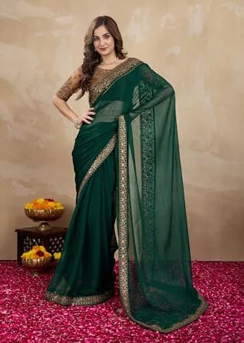 TRENDMALLS Women's Chiffon Satin Sequin Saree with Unstitched Blouse Piece - Green, 5.5m (18 ft) | Festive & Wedding Wear thumbnail 3