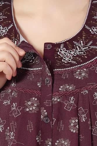 Soulemo Women's Alpine Printed Nighty XL (48 Bust) Wine | Floor Length Button-Down Sleepshirt with Lace Trim thumbnail 4